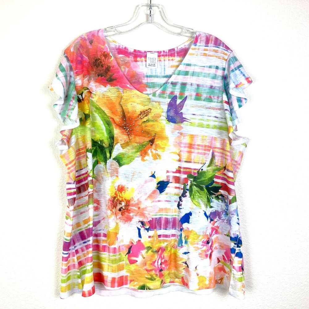 Time and Tru Women's V-Neck Blouse Size XL 16-18 Pastels Floral Butterflies